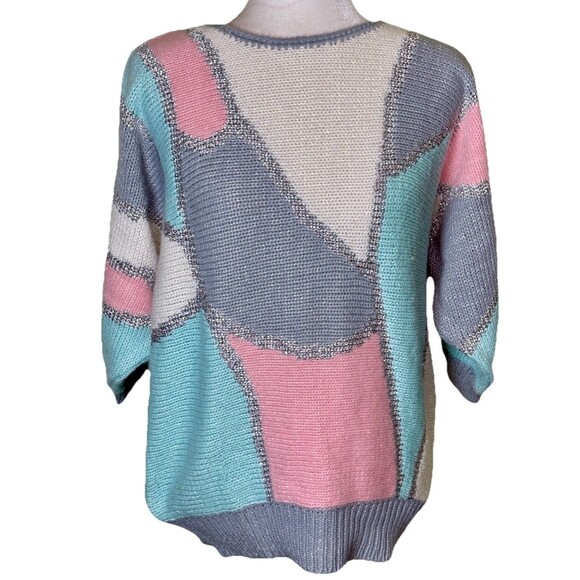 Vintage 80s Pastel Abstract Colorblock Sweater Patchwork Cozy Retro Boxy Sz Lg - Picture 1 of 8